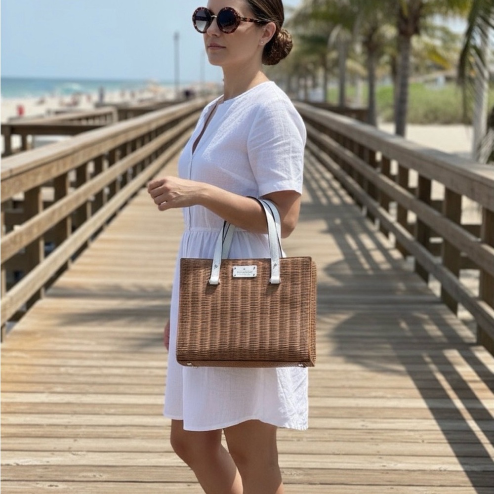 kate spade New York Tan Woven Tote Print with White Handles - Picture 2 of 8